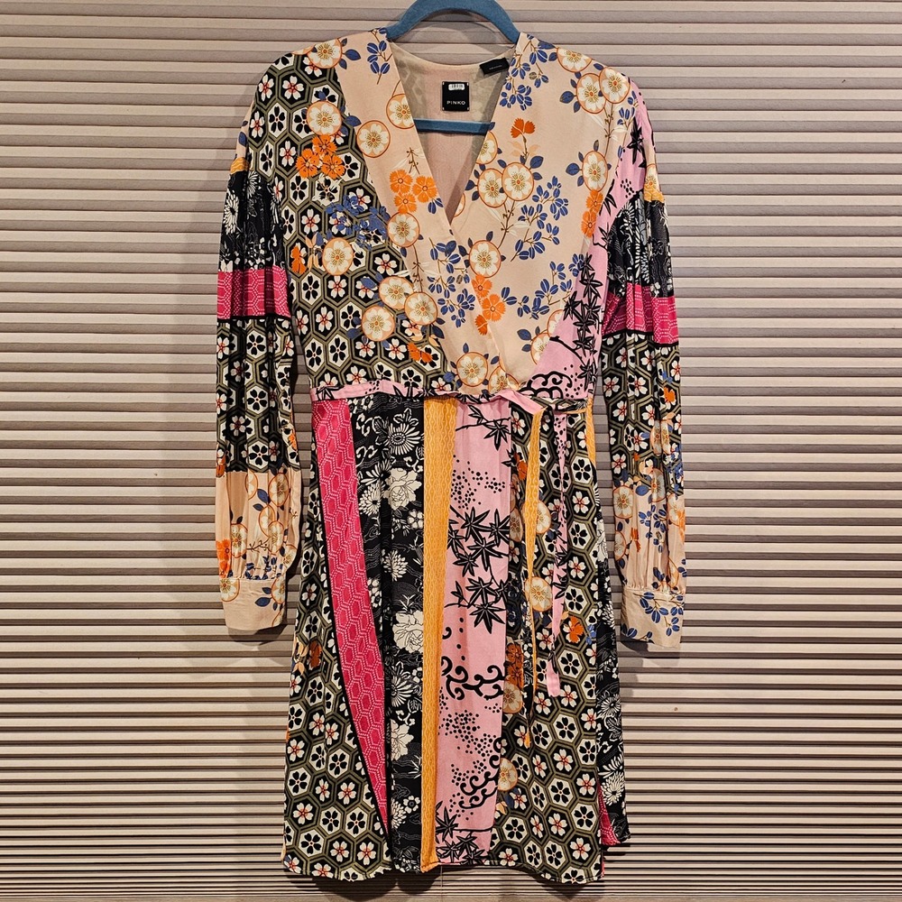 Pinko Draghetta Abito Twill Patch Riga Giappo Floral Mini Wrap Dress Womens 2